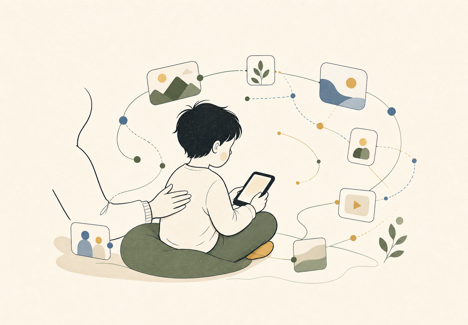 Minimalistická ilustrace dítěte s telefonem, rodičem a abstraktními algoritmickými vazbami